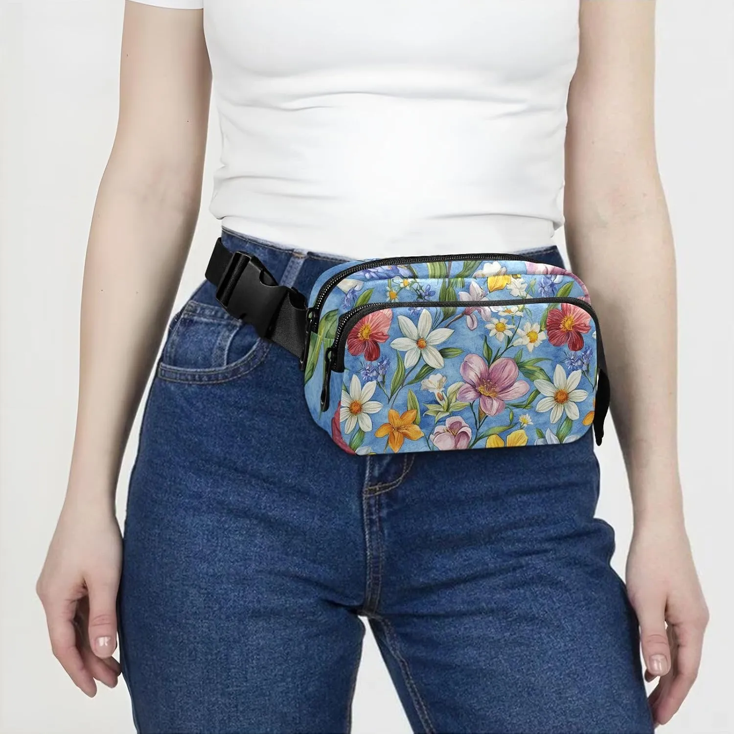 Flowers Rose Lily Of The Valley Daylily Blue Fashion Crossbody Bag Waist Packs for Women Men Teenagers Small Sling Bag Travel Essential with Adjustable Strap for Travel Gym Work