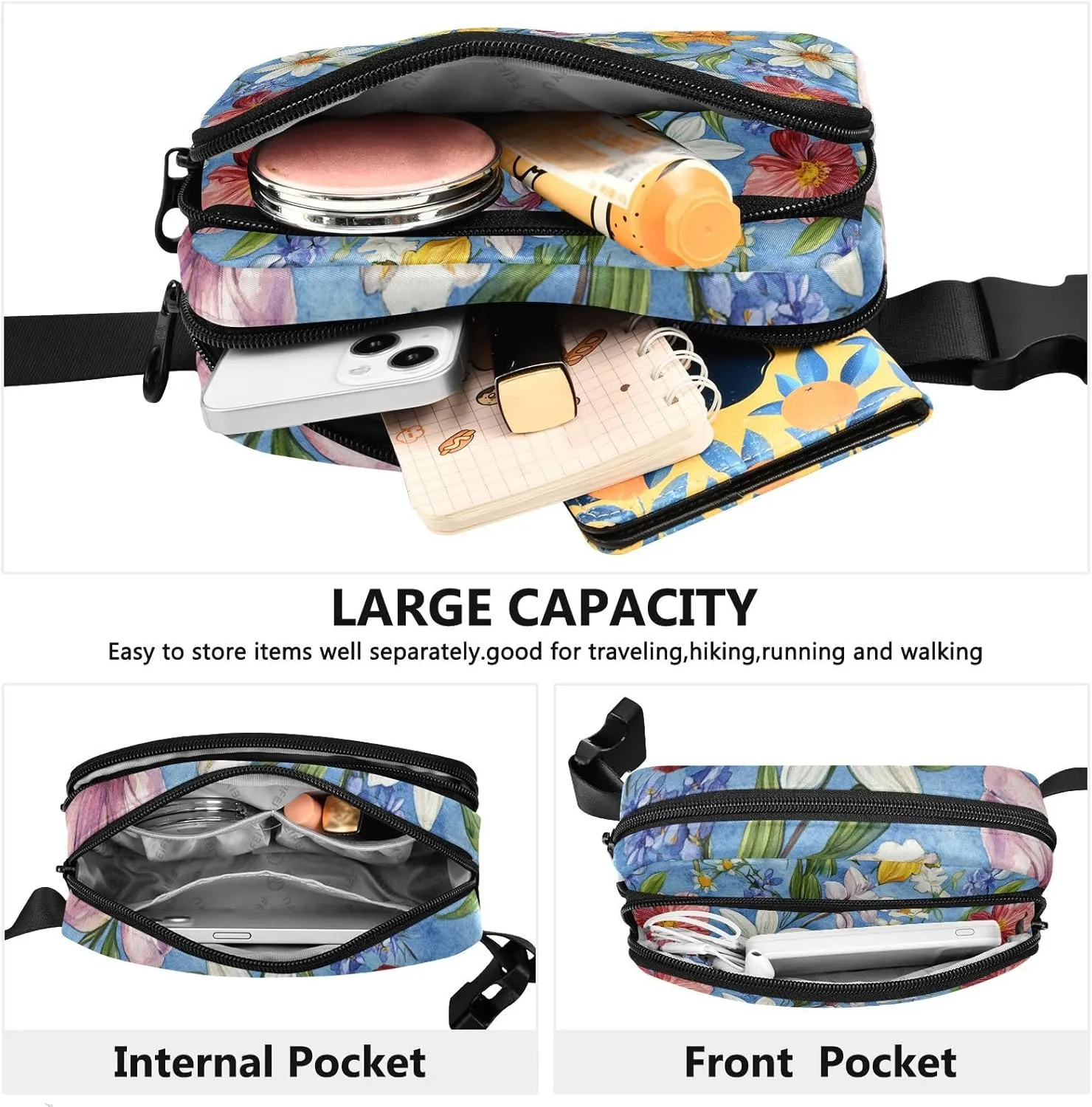 Flowers Rose Lily Of The Valley Daylily Blue Fashion Crossbody Bag Waist Packs for Women Men Teenagers Small Sling Bag Travel Essential with Adjustable Strap for Travel Gym Work