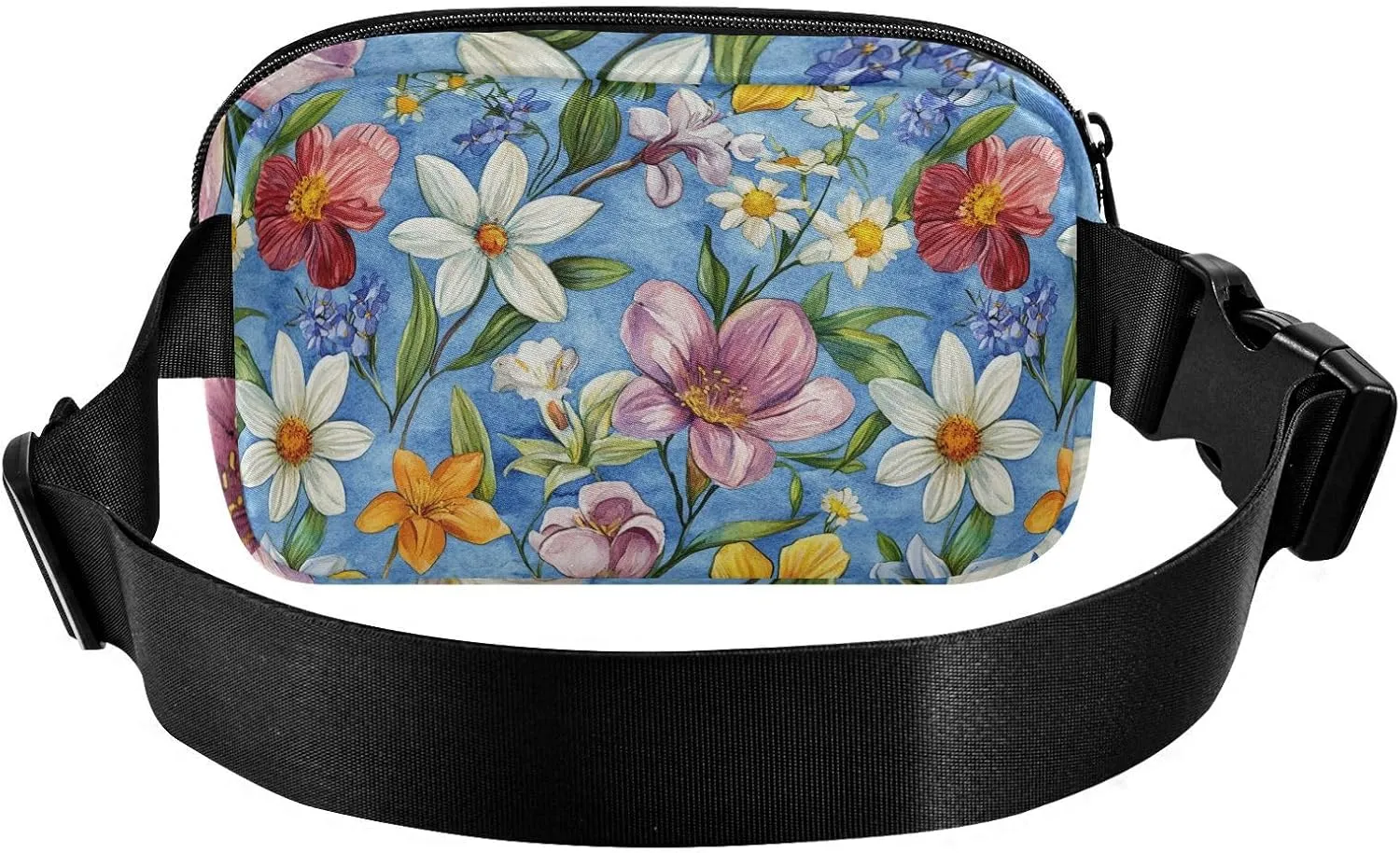 Flowers Rose Lily Of The Valley Daylily Blue Fashion Crossbody Bag Waist Packs for Women Men Teenagers Small Sling Bag Travel Essential with Adjustable Strap for Travel Gym Work