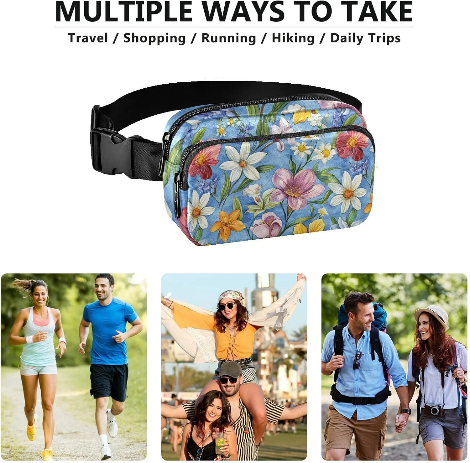 Flowers Rose Lily Of The Valley Daylily Blue Fashion Crossbody Bag Waist Packs for Women Men Teenagers Small Sling Bag Travel Essential with Adjustable Strap for Travel Gym Work