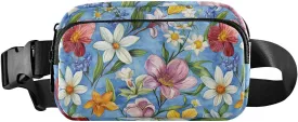 Flowers Rose Lily Of The Valley Daylily Blue Fashion Crossbody Bag Waist Packs for Women Men Teenagers Small Sling Bag Travel Essential with Adjustable Strap for Travel Gym Work