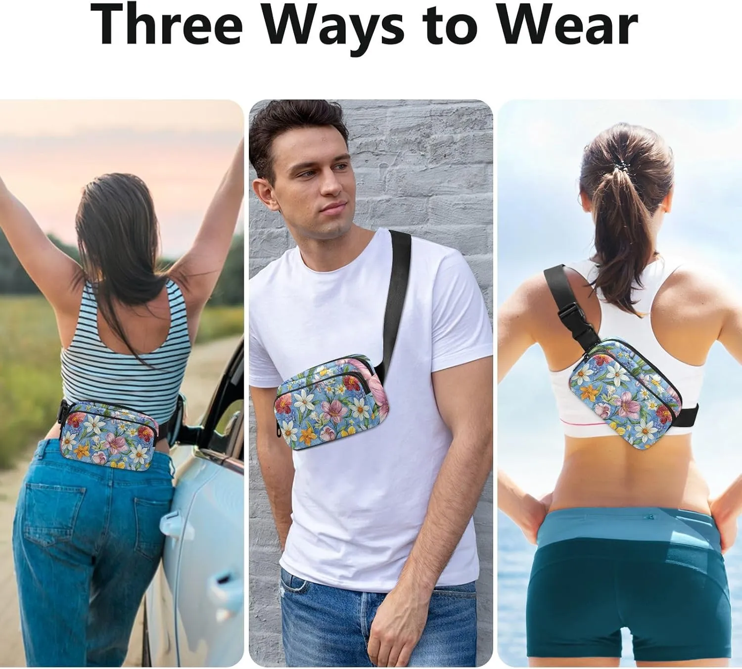 Flowers Rose Lily Of The Valley Daylily Blue Fashion Crossbody Bag Waist Packs for Women Men Teenagers Small Sling Bag Travel Essential with Adjustable Strap for Travel Gym Work