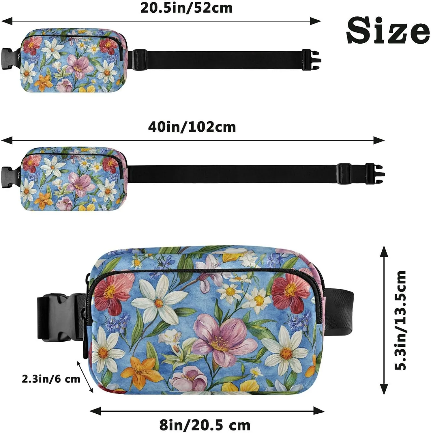 Flowers Rose Lily Of The Valley Daylily Blue Fashion Crossbody Bag Waist Packs for Women Men Teenagers Small Sling Bag Travel Essential with Adjustable Strap for Travel Gym Work