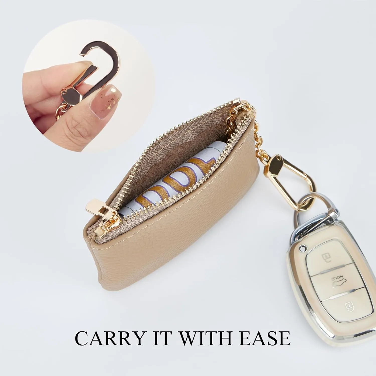 Full Grain Leather Coin Purse with Key Chain - Small Change Purse Keychain Card Holder Pouch Small Wallet for Women and Men (Elephant Gray)