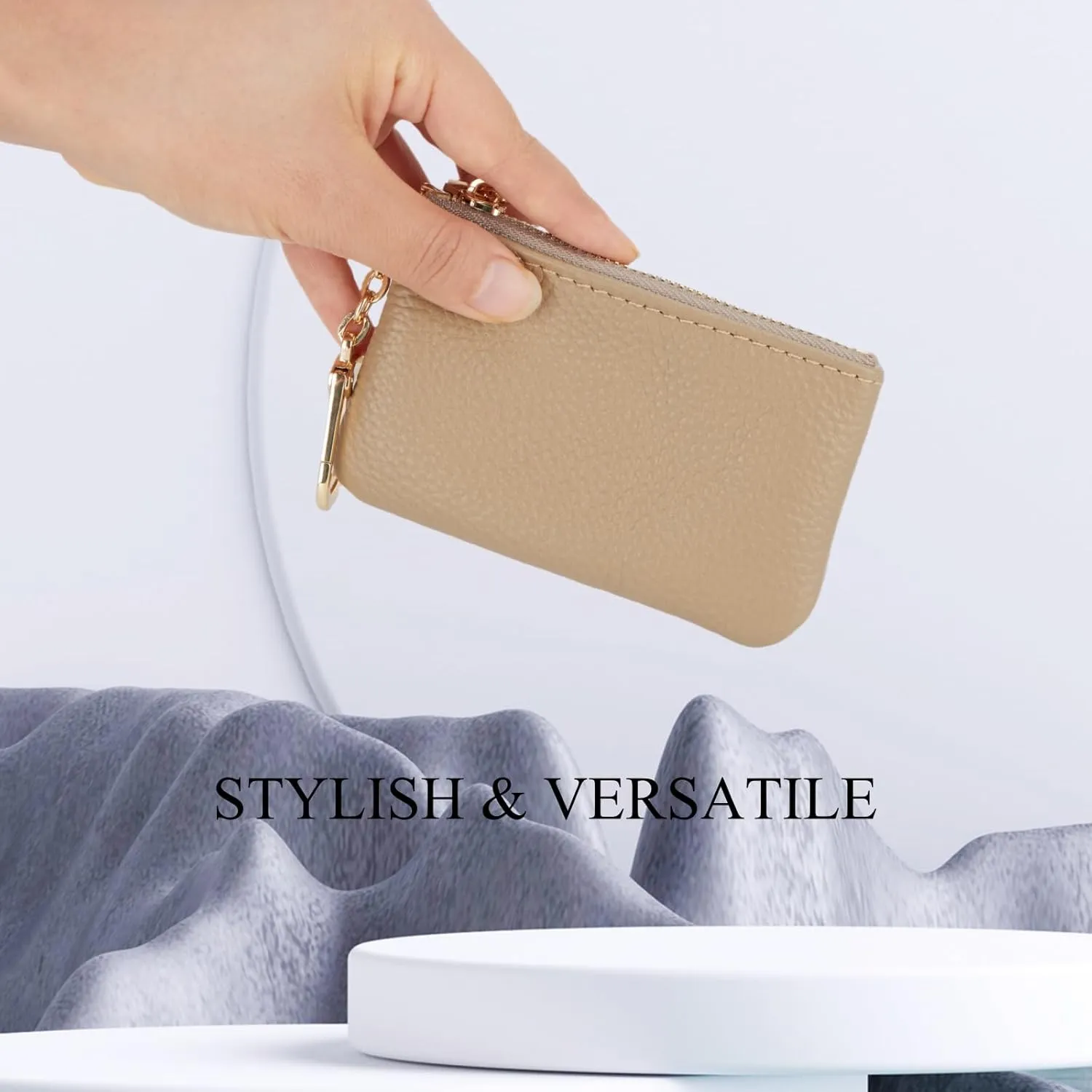Full Grain Leather Coin Purse with Key Chain - Small Change Purse Keychain Card Holder Pouch Small Wallet for Women and Men (Elephant Gray)