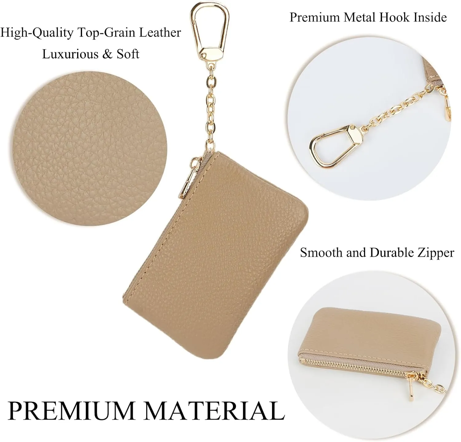 Full Grain Leather Coin Purse with Key Chain - Small Change Purse Keychain Card Holder Pouch Small Wallet for Women and Men (Elephant Gray)