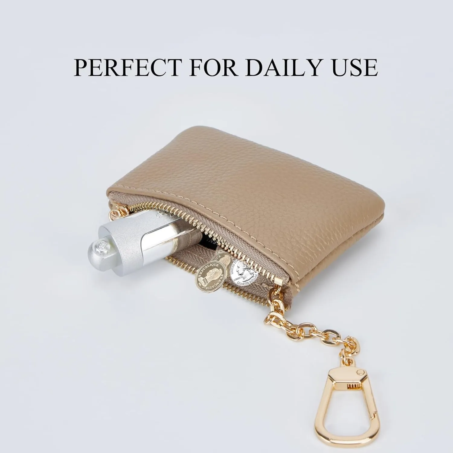 Full Grain Leather Coin Purse with Key Chain - Small Change Purse Keychain Card Holder Pouch Small Wallet for Women and Men (Elephant Gray)
