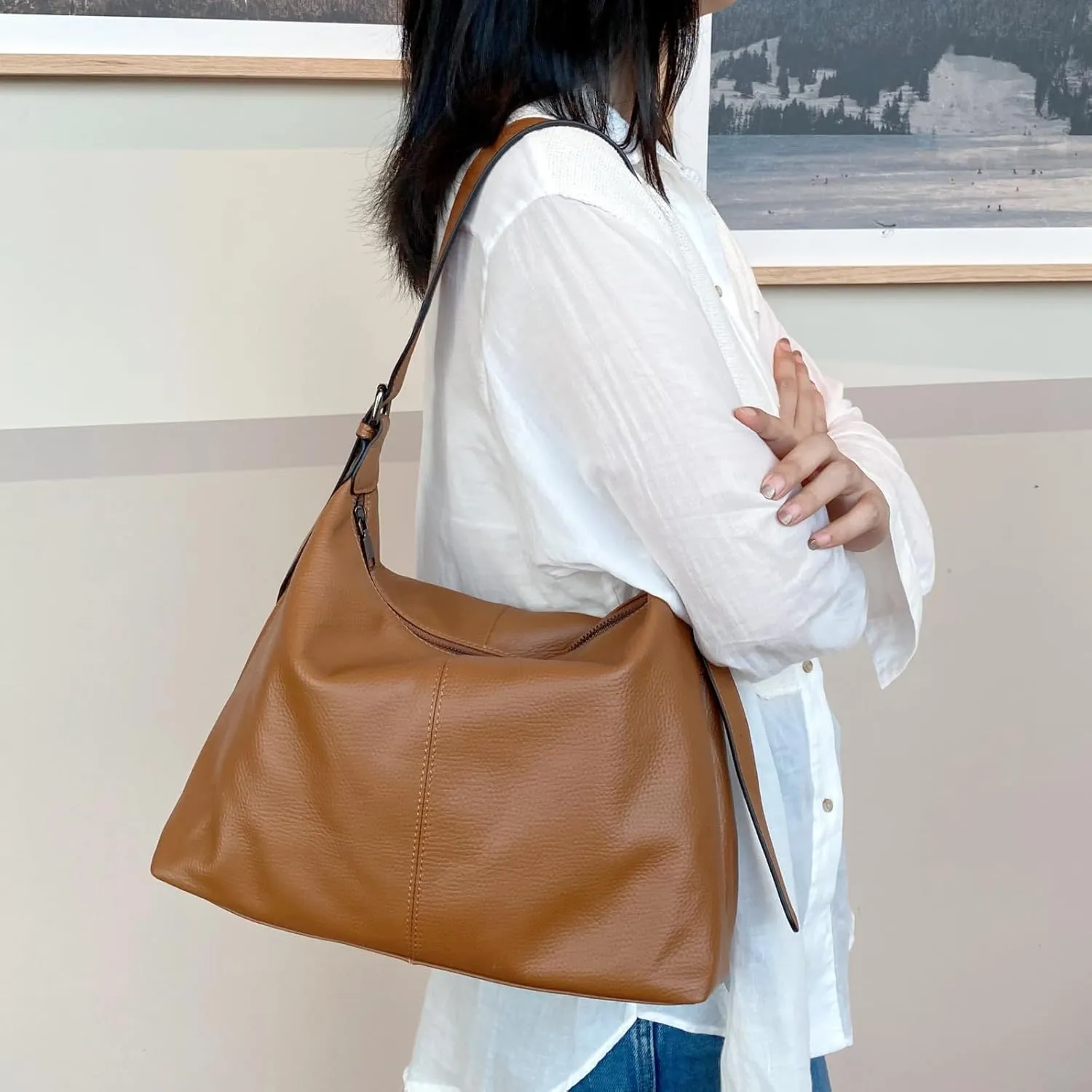 Genuine Leather Purses for Women Hobo Crossbody Bags Casual Shoulder Bag with Adjustable Straps
