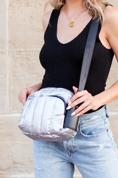 Gleaming Odyssey Metallic Puffer Crossbody Bag - Silver or Black