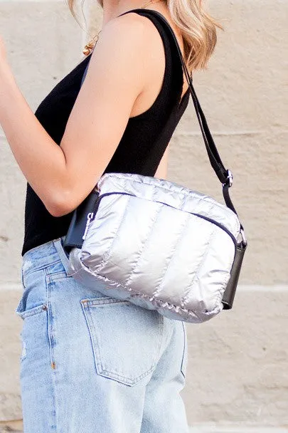 Gleaming Odyssey Metallic Puffer Crossbody Bag - Silver or Black