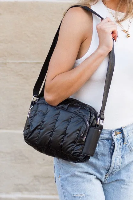 Gleaming Odyssey Metallic Puffer Crossbody Bag - Silver or Black