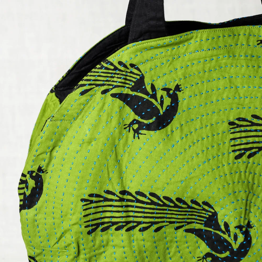Green - Kantha Work Block Print Cotton Shoulder Bag