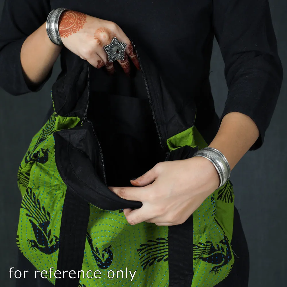 Green - Kantha Work Block Print Cotton Shoulder Bag