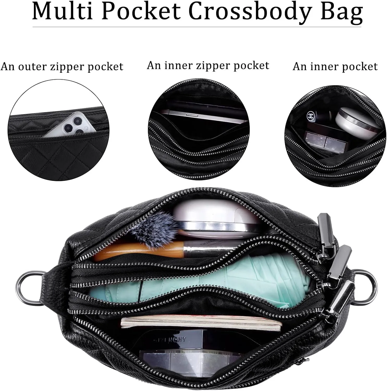 HUA ANGEL Crossbody Purses for Women, Leather Shoulder Handbags Sling Bag Crossboby Bags Triple Zipper Multi Pockets Purses