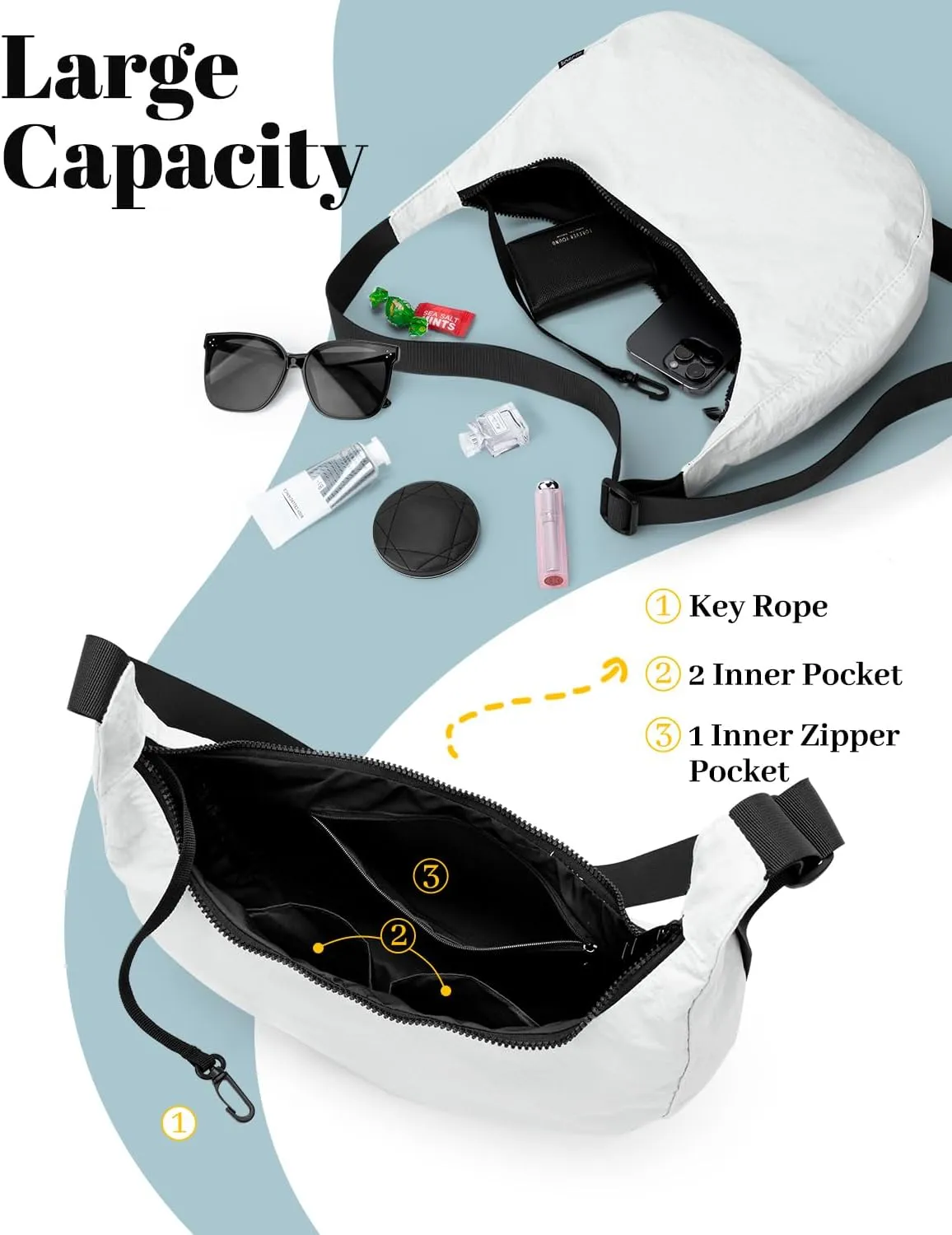 Iioscre Medium Crossbody Crescent Bag for Women Men Trendy, Nylon Crossbody Hobo Bag with Adjustable Strap and Inner Pockets.