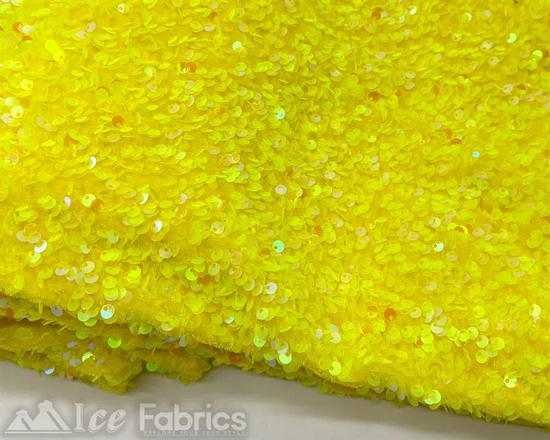 Iridescent Yellow on Yellow Stretch Velvet Sequin Upholstery Fabric All Over Full Sequin