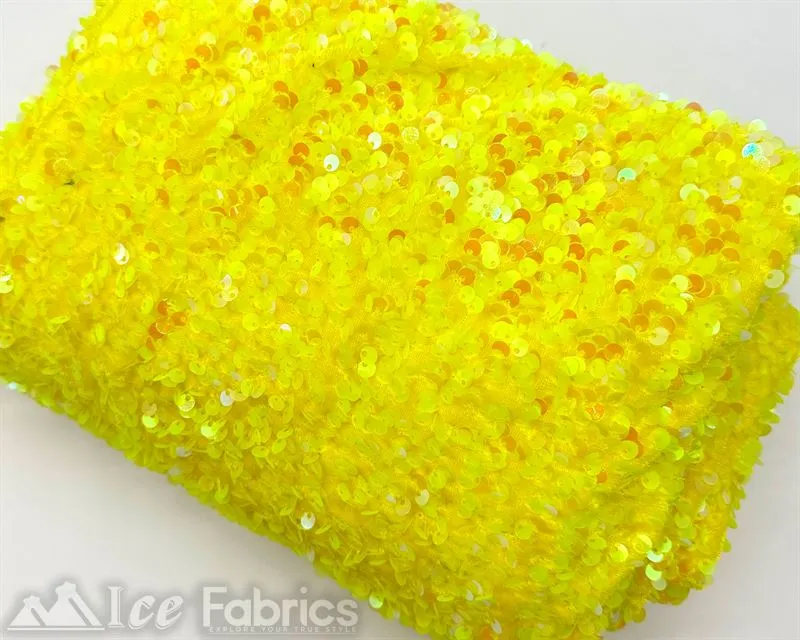 Iridescent Yellow on Yellow Stretch Velvet Sequin Upholstery Fabric All Over Full Sequin