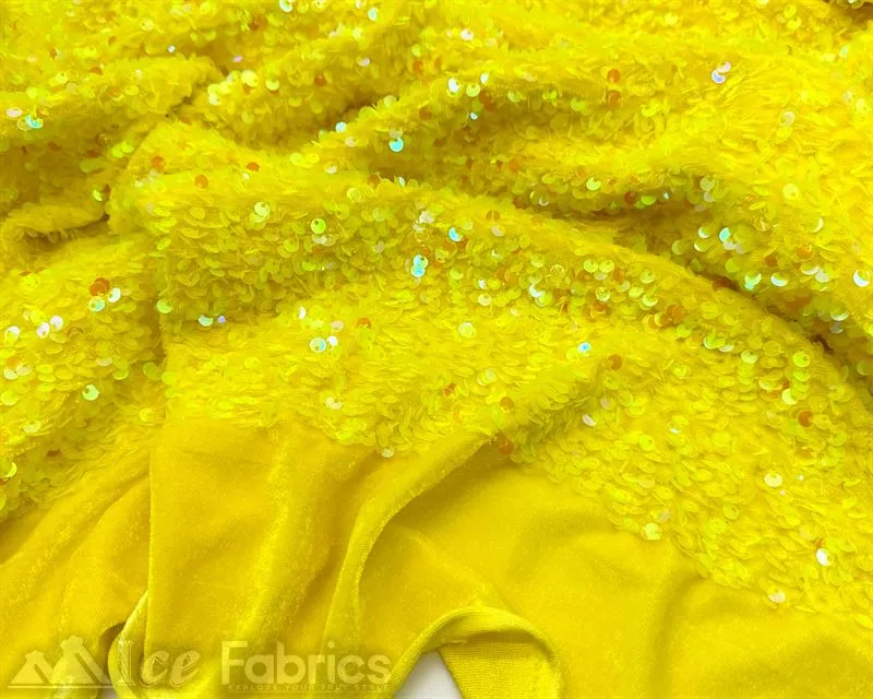 Iridescent Yellow on Yellow Stretch Velvet Sequin Upholstery Fabric All Over Full Sequin