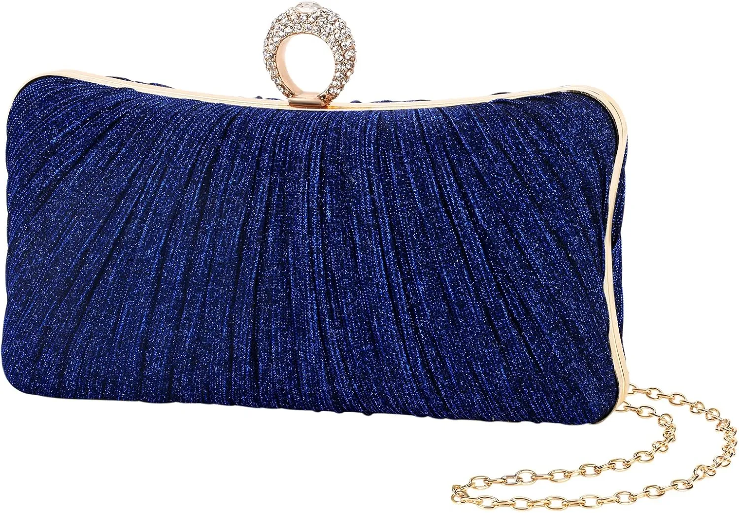 iWISH Womens Golden Glitter Clutch Purse Pleated Evening Bag for Bridal Wedding Party with Rhinestone Ring