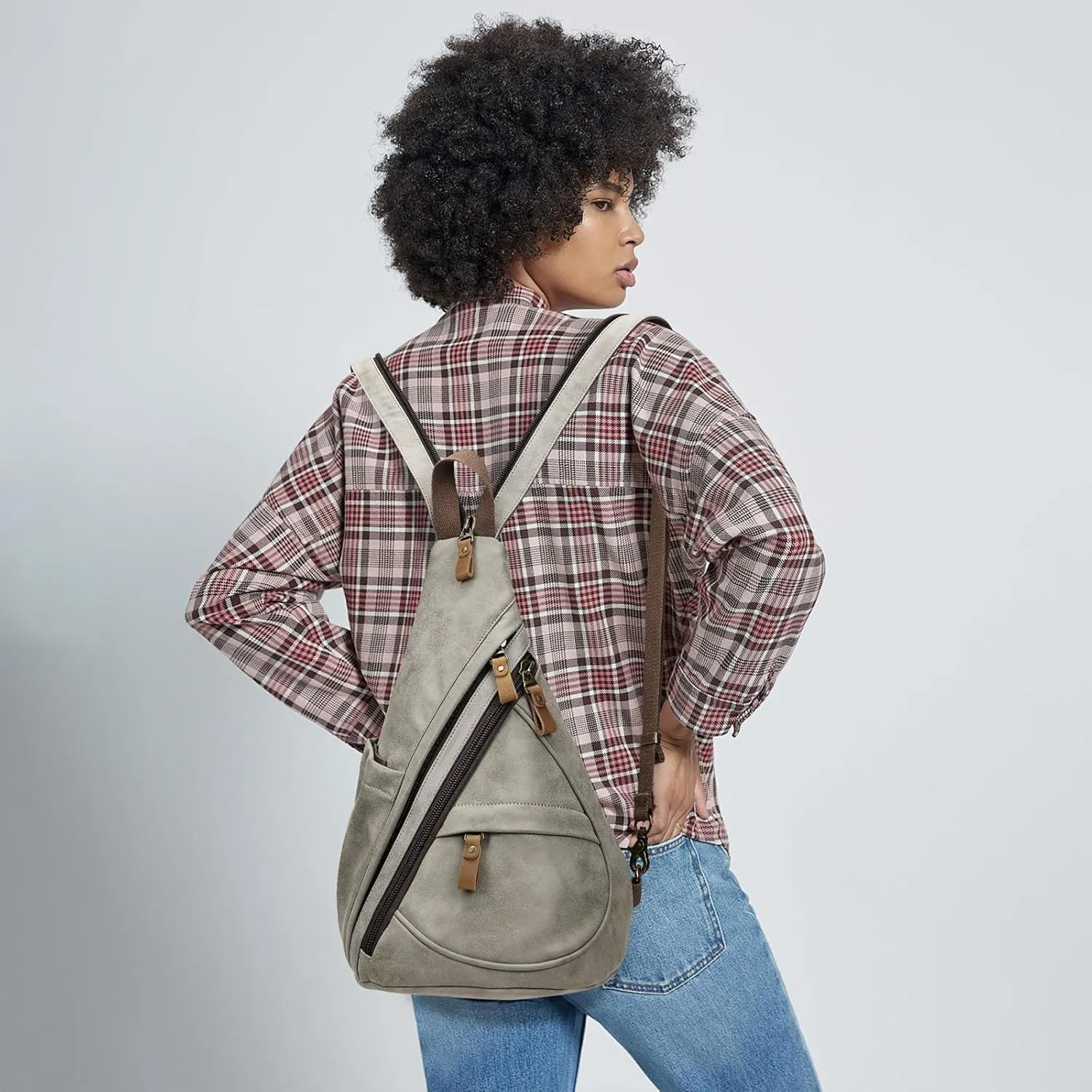 KL928 PU Leather Sling Bag - Small Crossbody Backpack Shoulder Casual Daypack Rucksack for Men Women Outdoor Cycling Hiking Travel (6881-PU-Leaden)