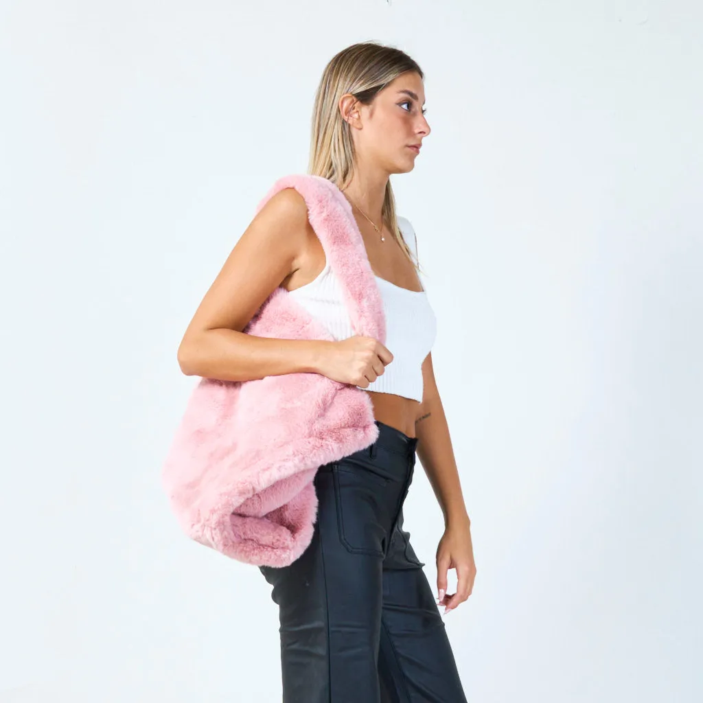 Large faux fur tote bag with plush handles wholesale