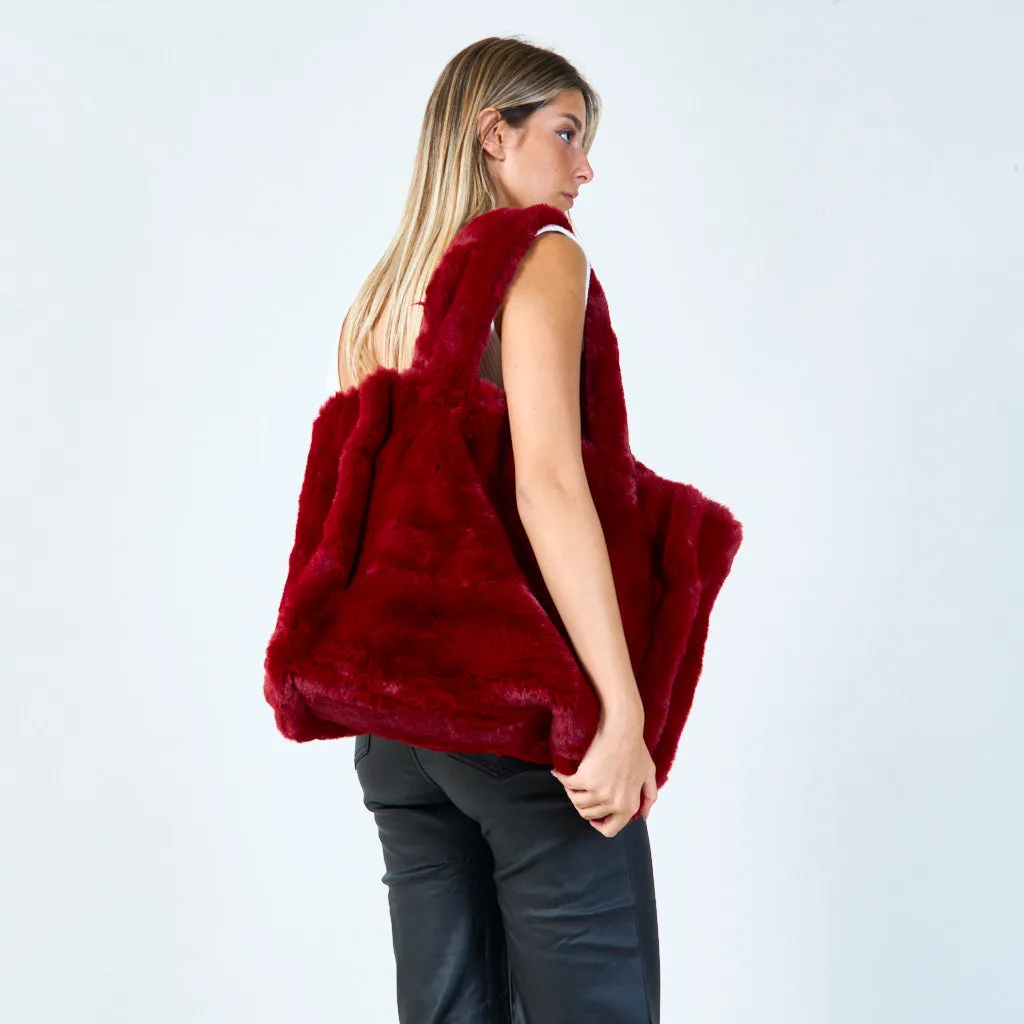 Large faux fur tote bag with plush handles wholesale