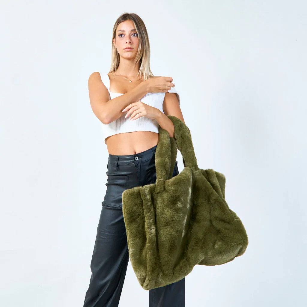 Large faux fur tote bag with plush handles wholesale
