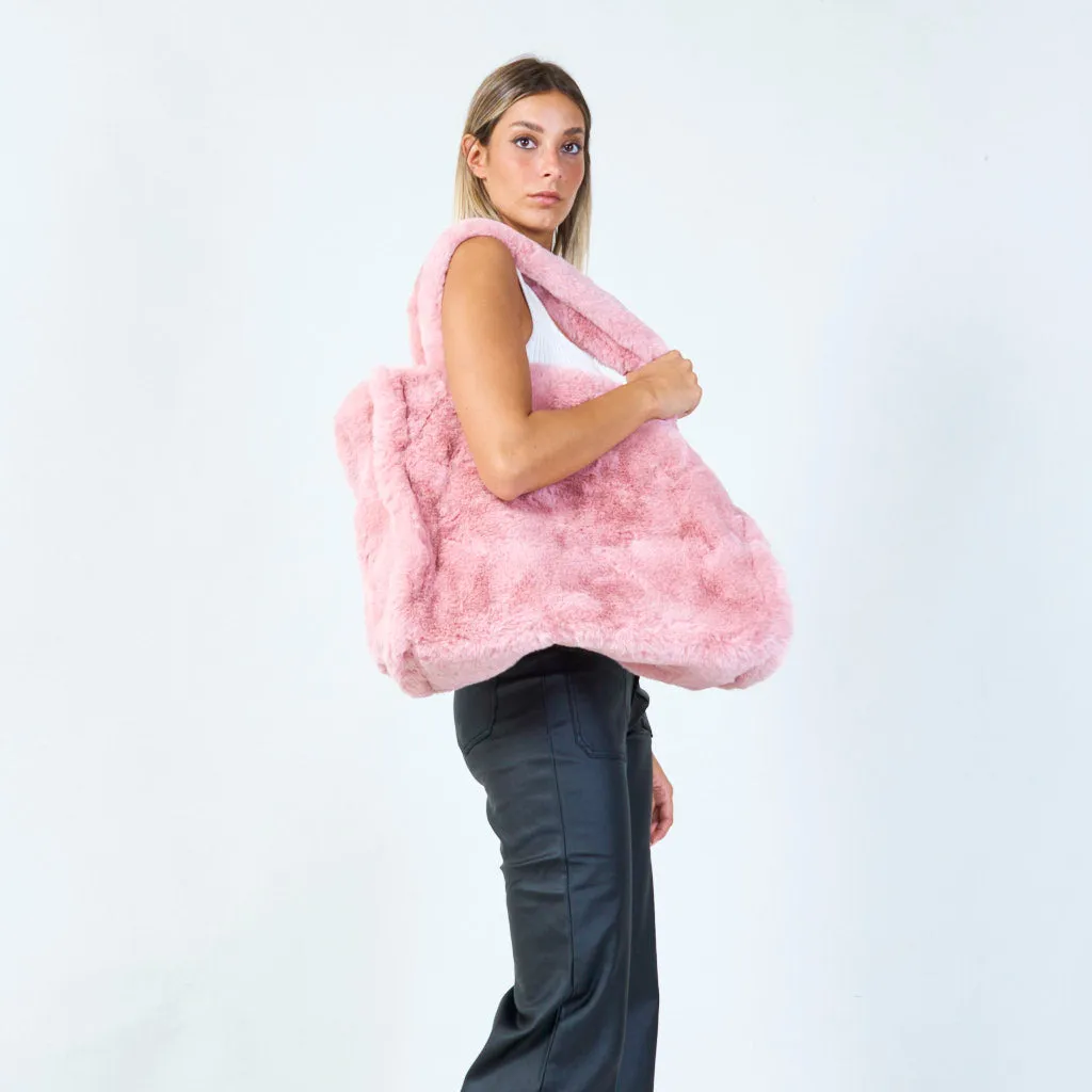 Large faux fur tote bag with plush handles wholesale