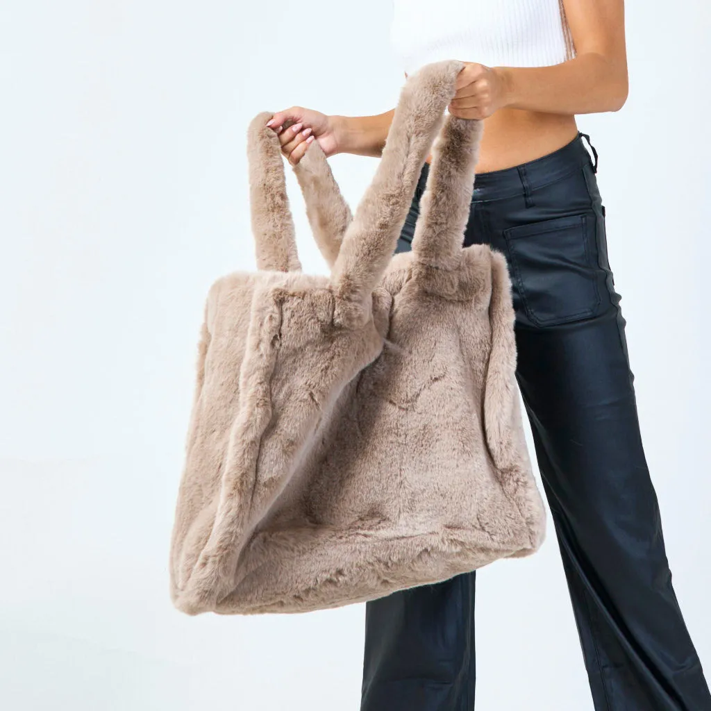 Large faux fur tote bag with plush handles wholesale