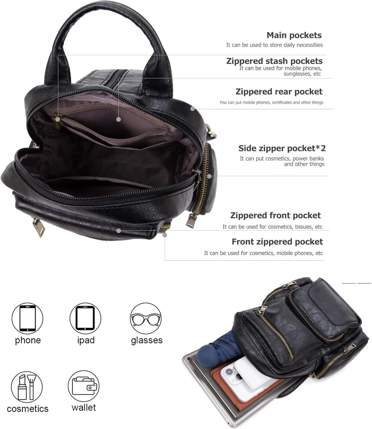 myfriday Vintage Backpack Purse for Women Ladies Leather Sling Backpack Purse Designer Convertible Travel Backpack (Black)