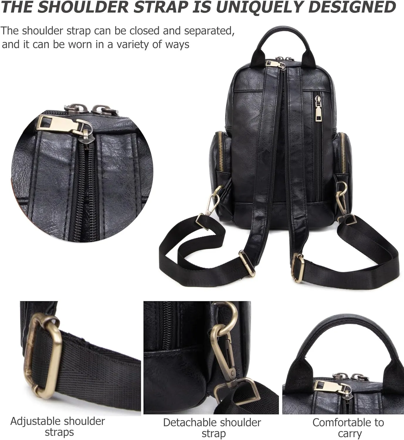 myfriday Vintage Backpack Purse for Women Ladies Leather Sling Backpack Purse Designer Convertible Travel Backpack (Black)