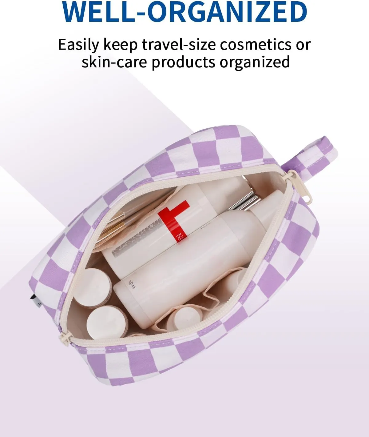 Narwey Small Checkered Makeup Bag for Purse Travel Makeup Pouch Mini Cosmetic Bag Zipper Pouch for Women (Purple Checkerboard, Small)