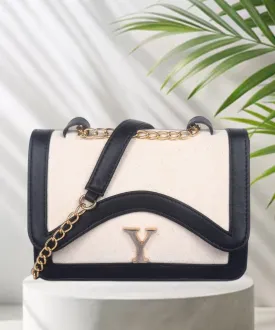 Off White-Black Canvas Sling Bag For Women