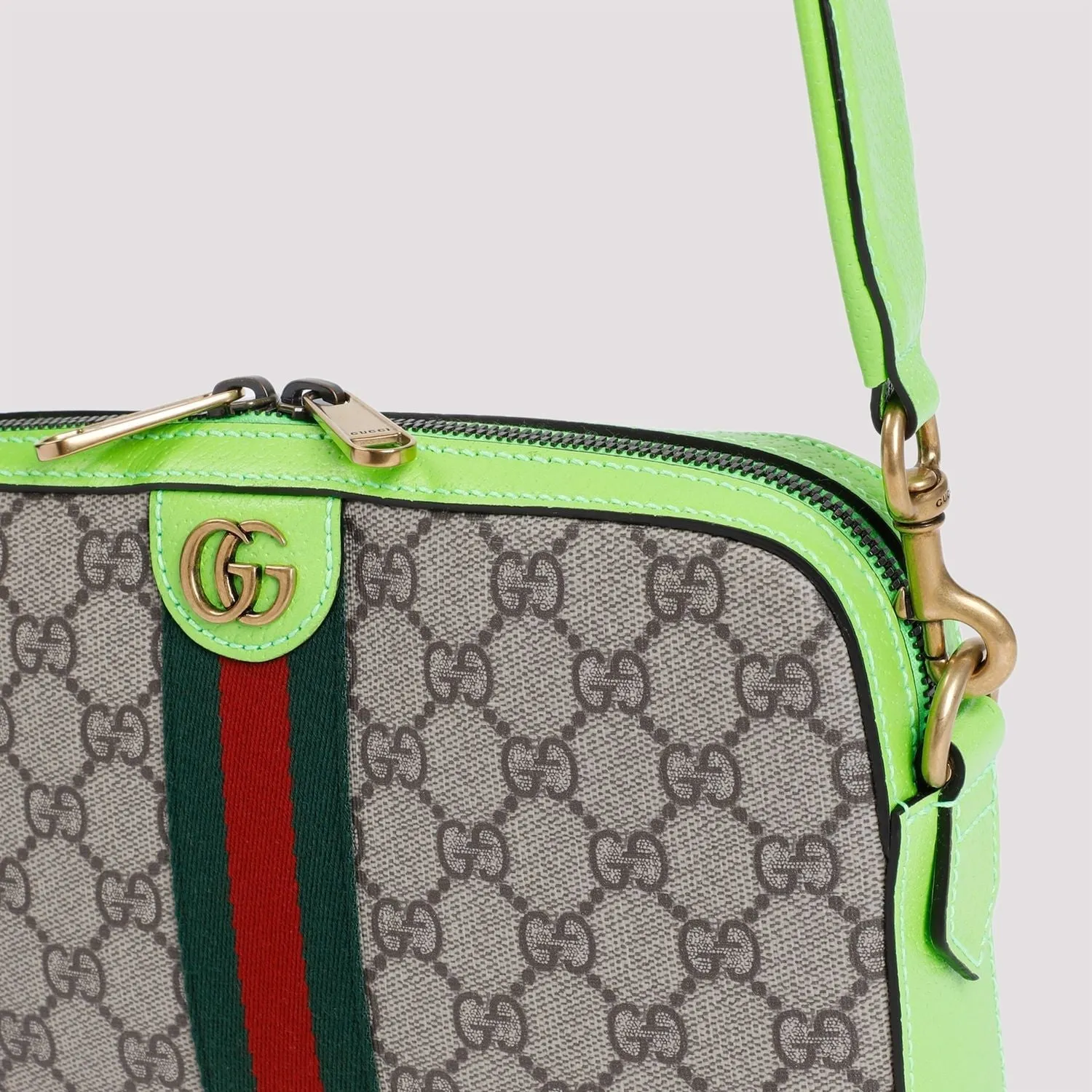 OPHIDIA GG SMALL SHOULDER BAG BEIGE/EBONY/SHINY GREEN