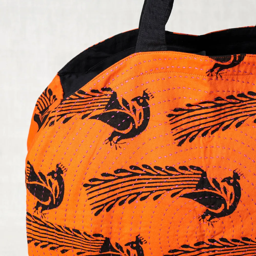 Orange - Kantha Work Block Print Cotton Shoulder Bag