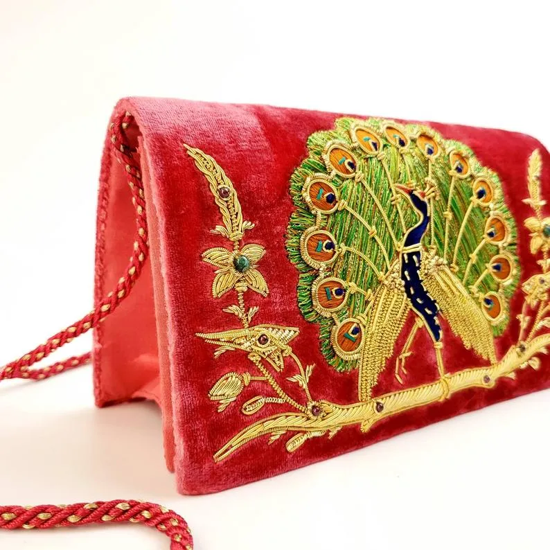 Peacock Embroidered Clutch Bag, Front View