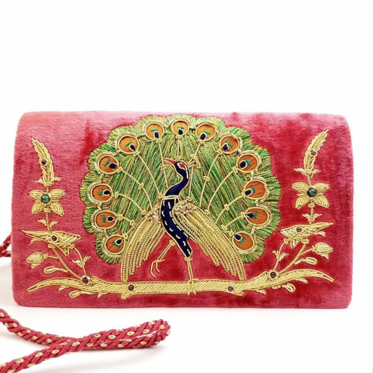 Peacock Embroidered Clutch Bag, Front View