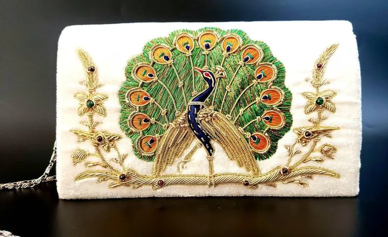Peacock Embroidered Clutch Bag, Front View