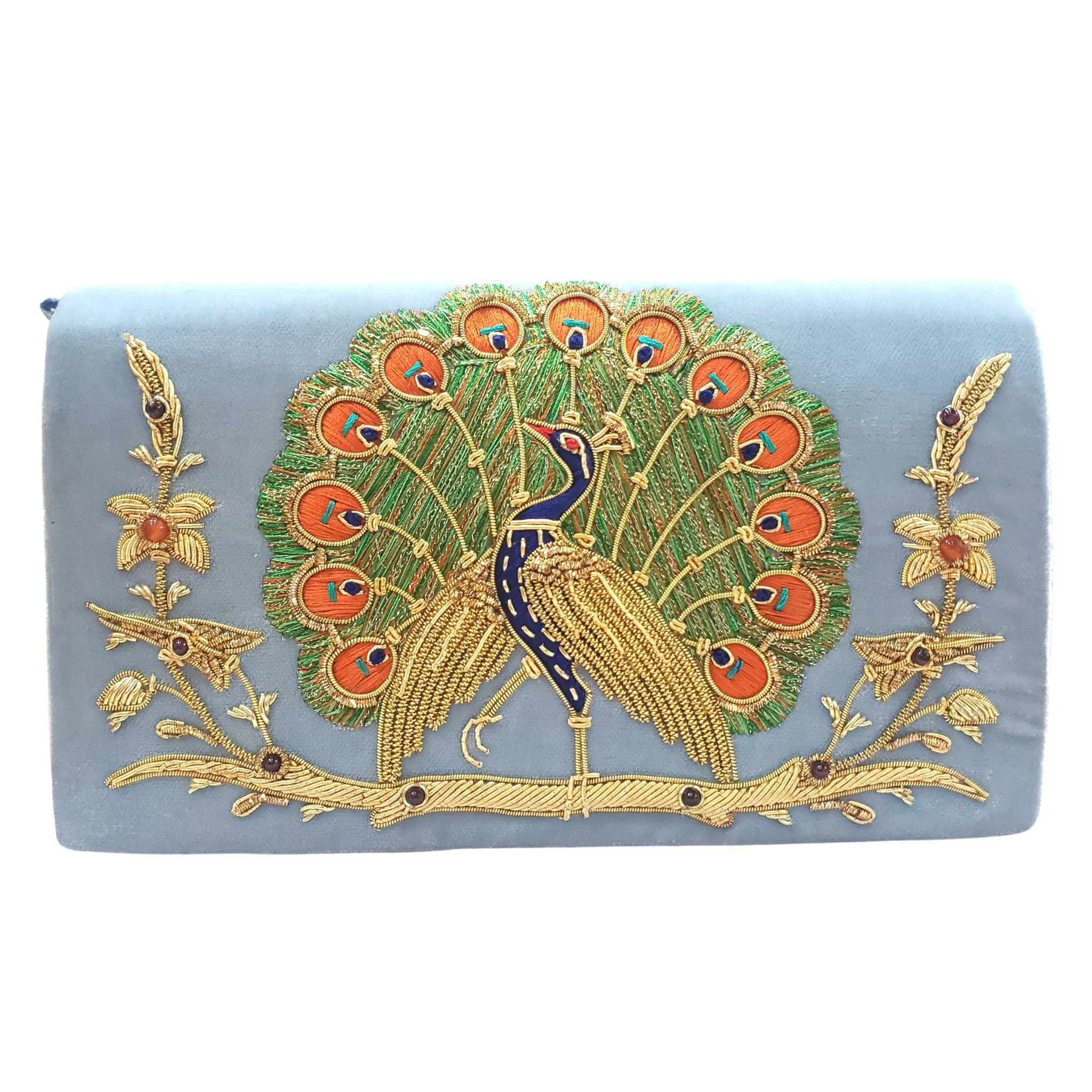 Peacock Embroidered Clutch Bag, Front View