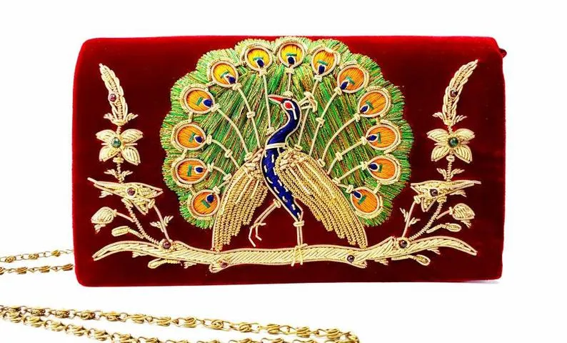 Peacock Embroidered Clutch Bag, Front View