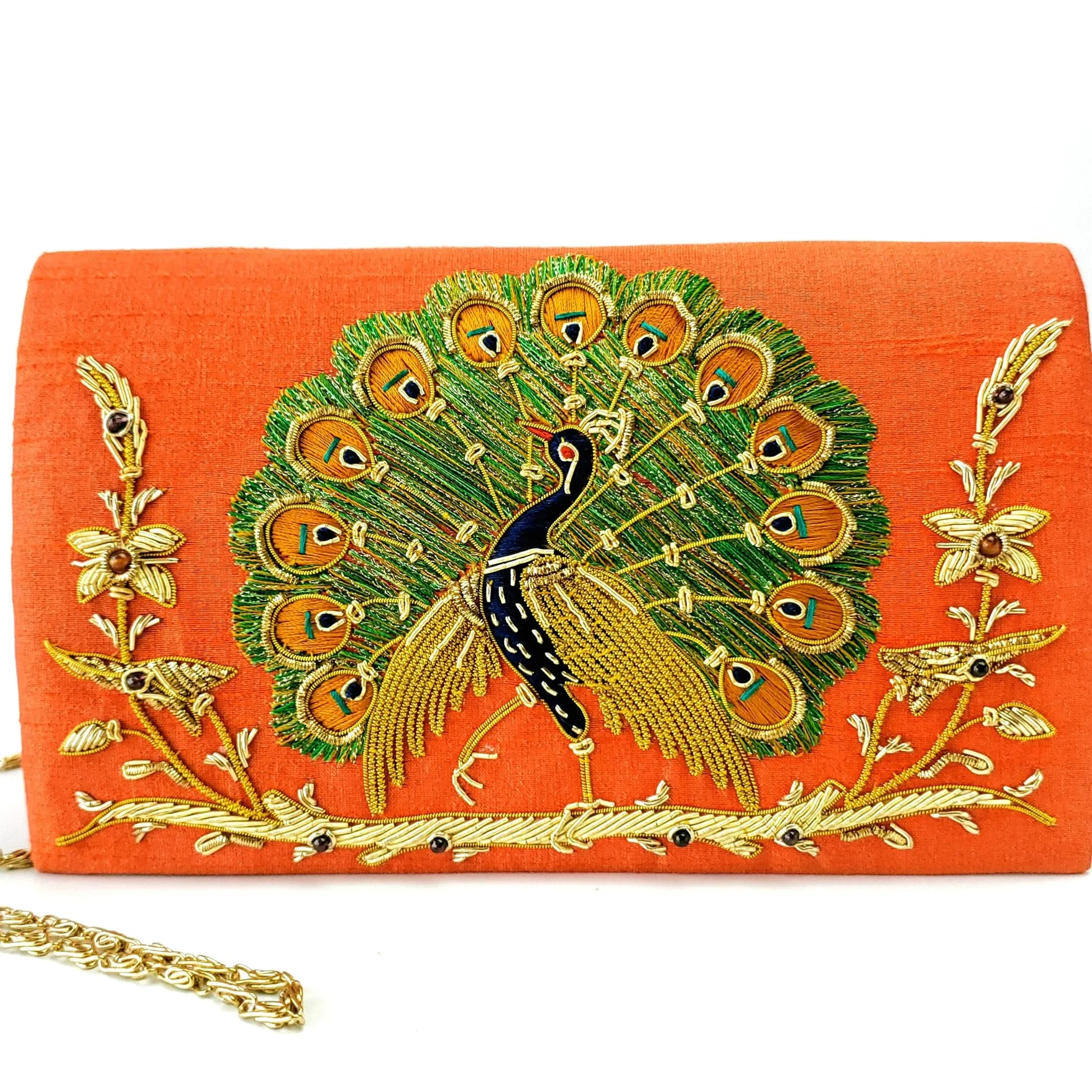 Peacock Embroidered Clutch Bag, Front View