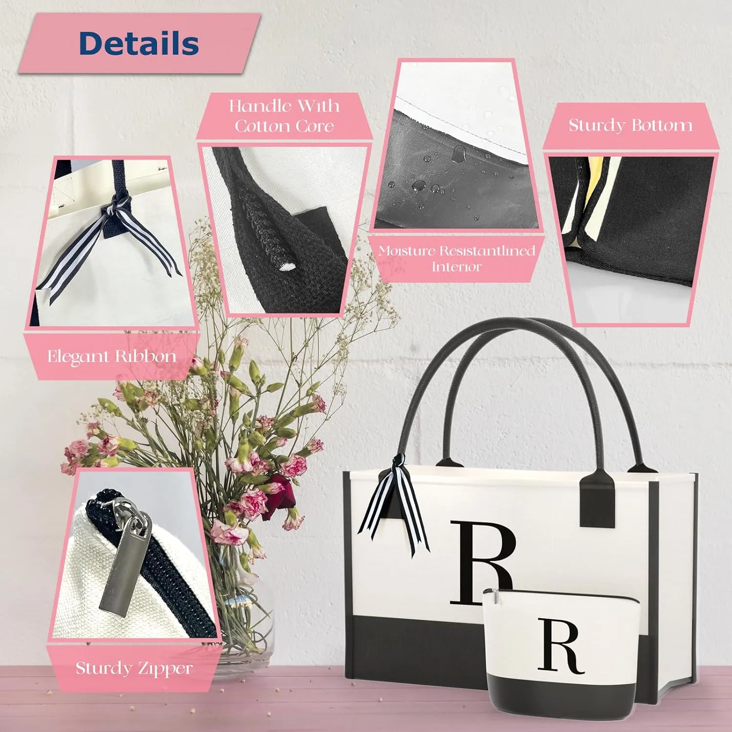Personalized Canvas Tote Bag, Monogrammed Gift with Zipper Pockets for Women
