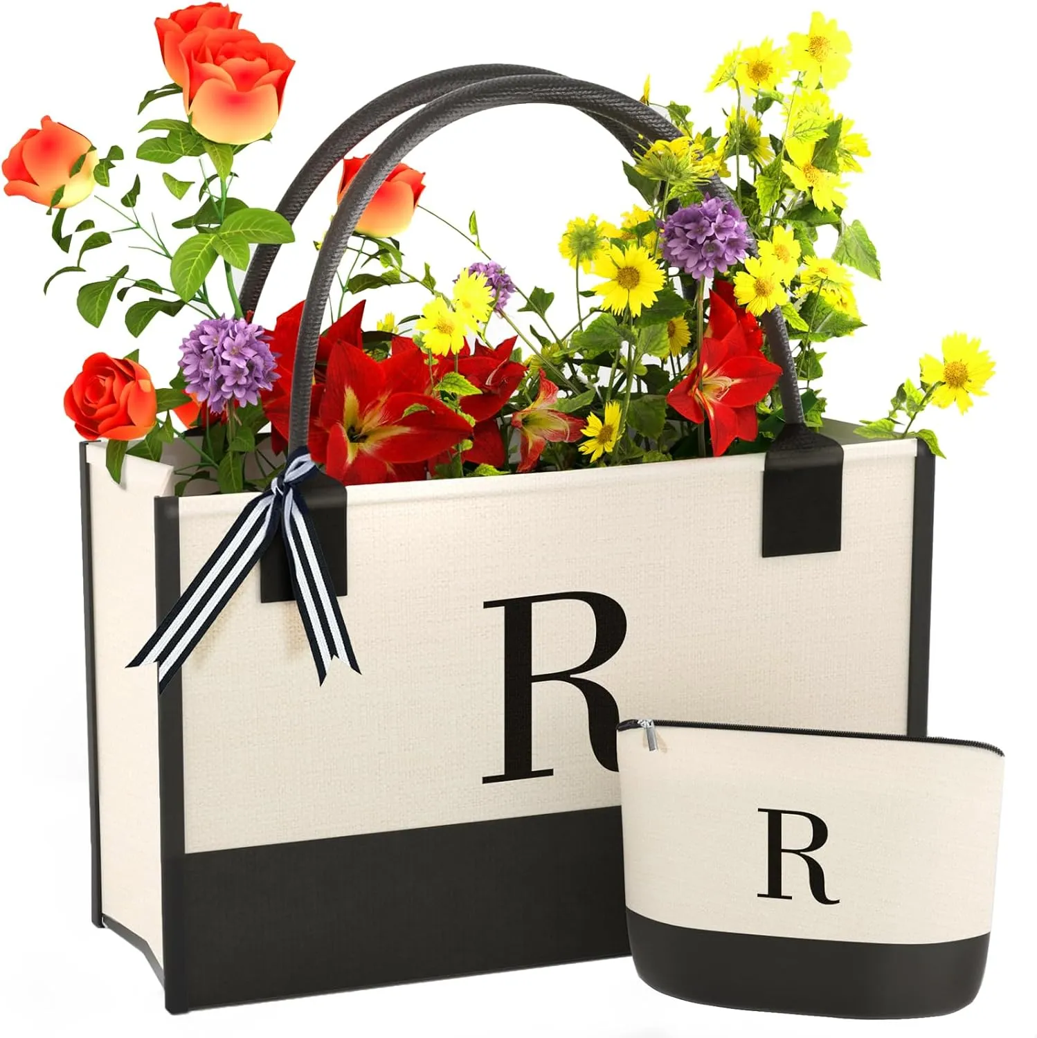 Personalized Canvas Tote Bag, Monogrammed Gift with Zipper Pockets for Women