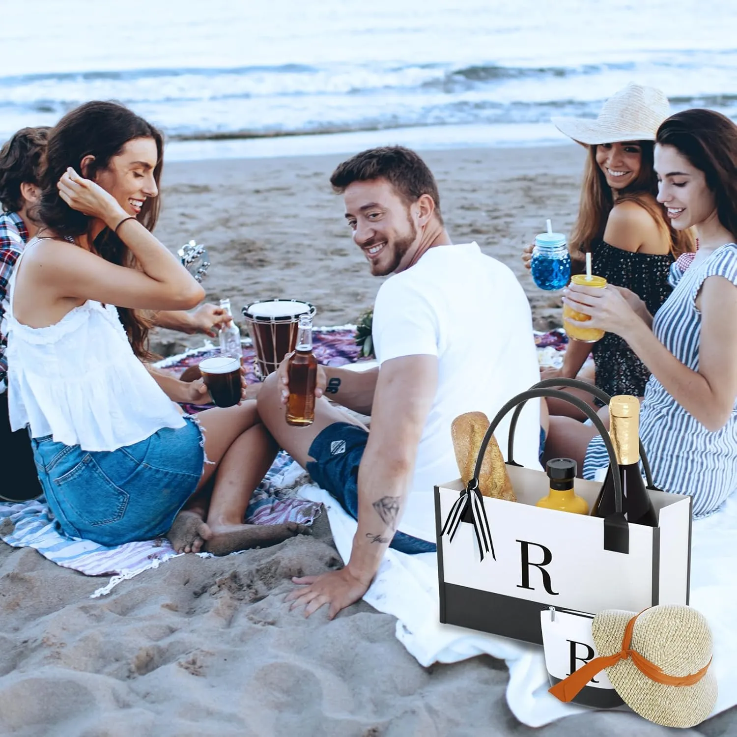 Personalized Canvas Tote Bag, Monogrammed Gift with Zipper Pockets for Women
