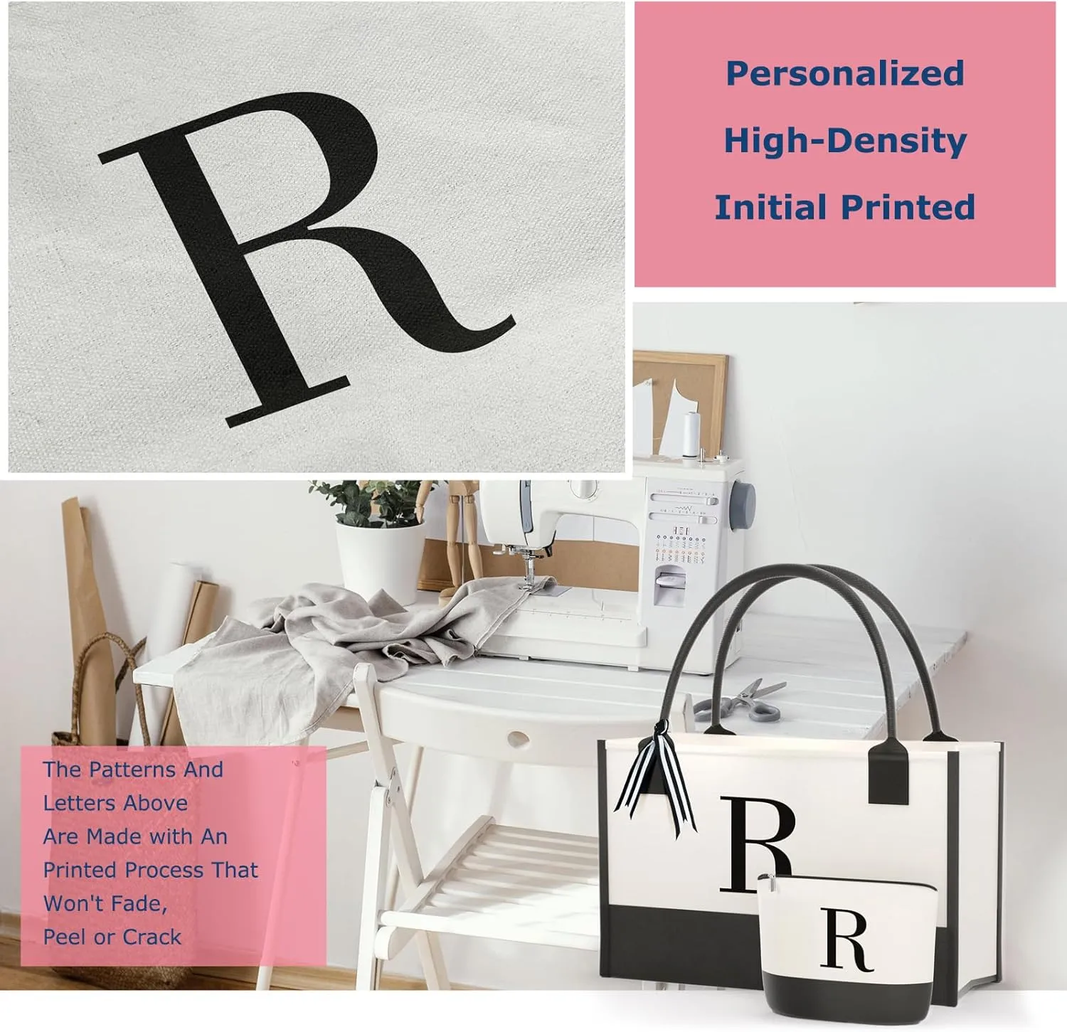 Personalized Canvas Tote Bag, Monogrammed Gift with Zipper Pockets for Women