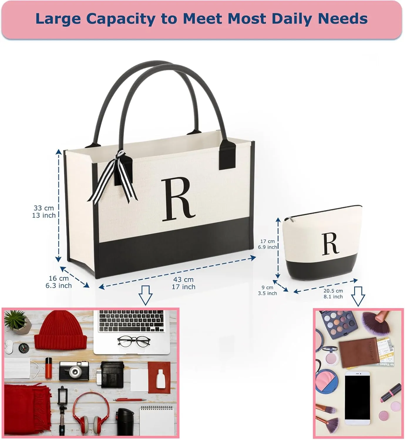 Personalized Canvas Tote Bag, Monogrammed Gift with Zipper Pockets for Women