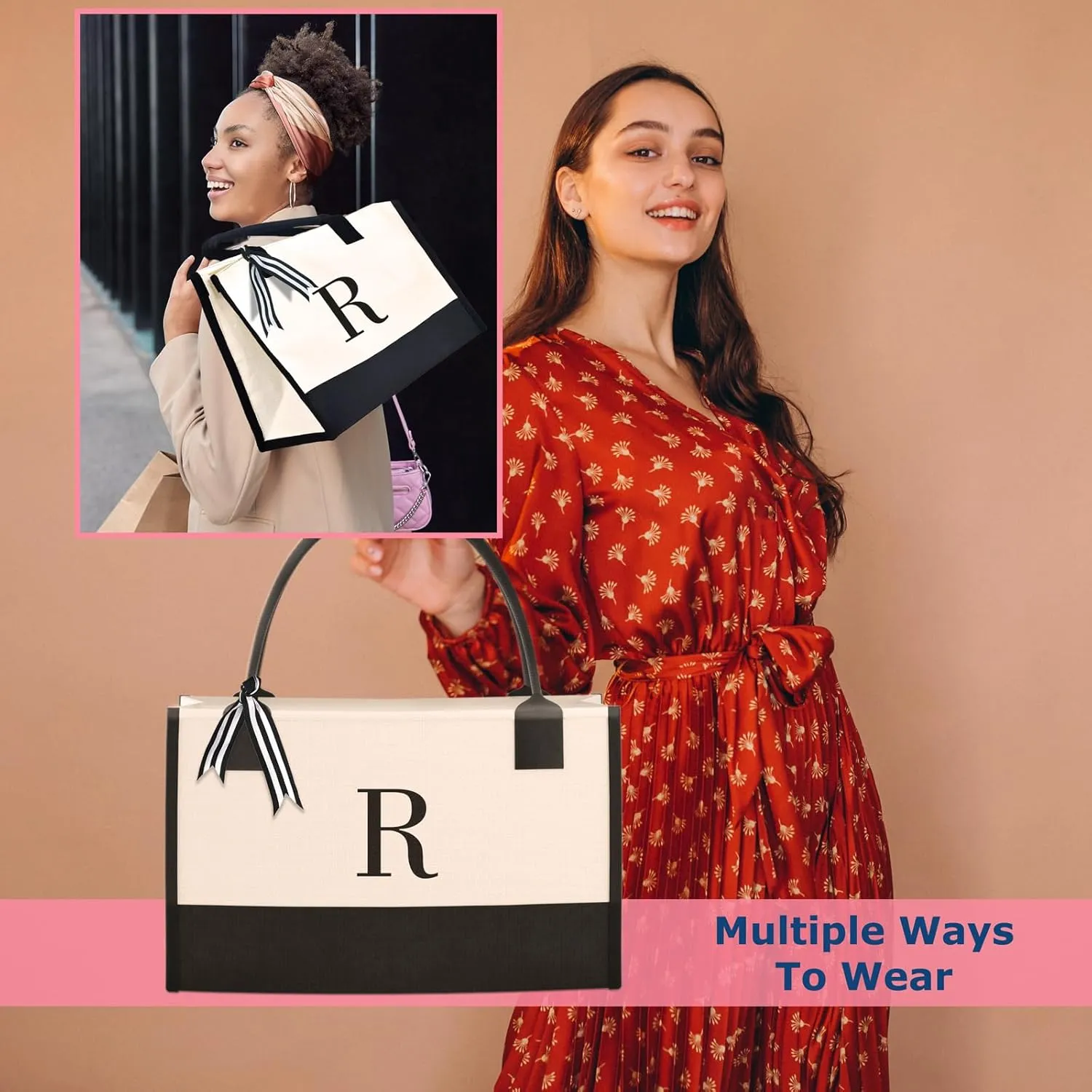 Personalized Canvas Tote Bag, Monogrammed Gift with Zipper Pockets for Women