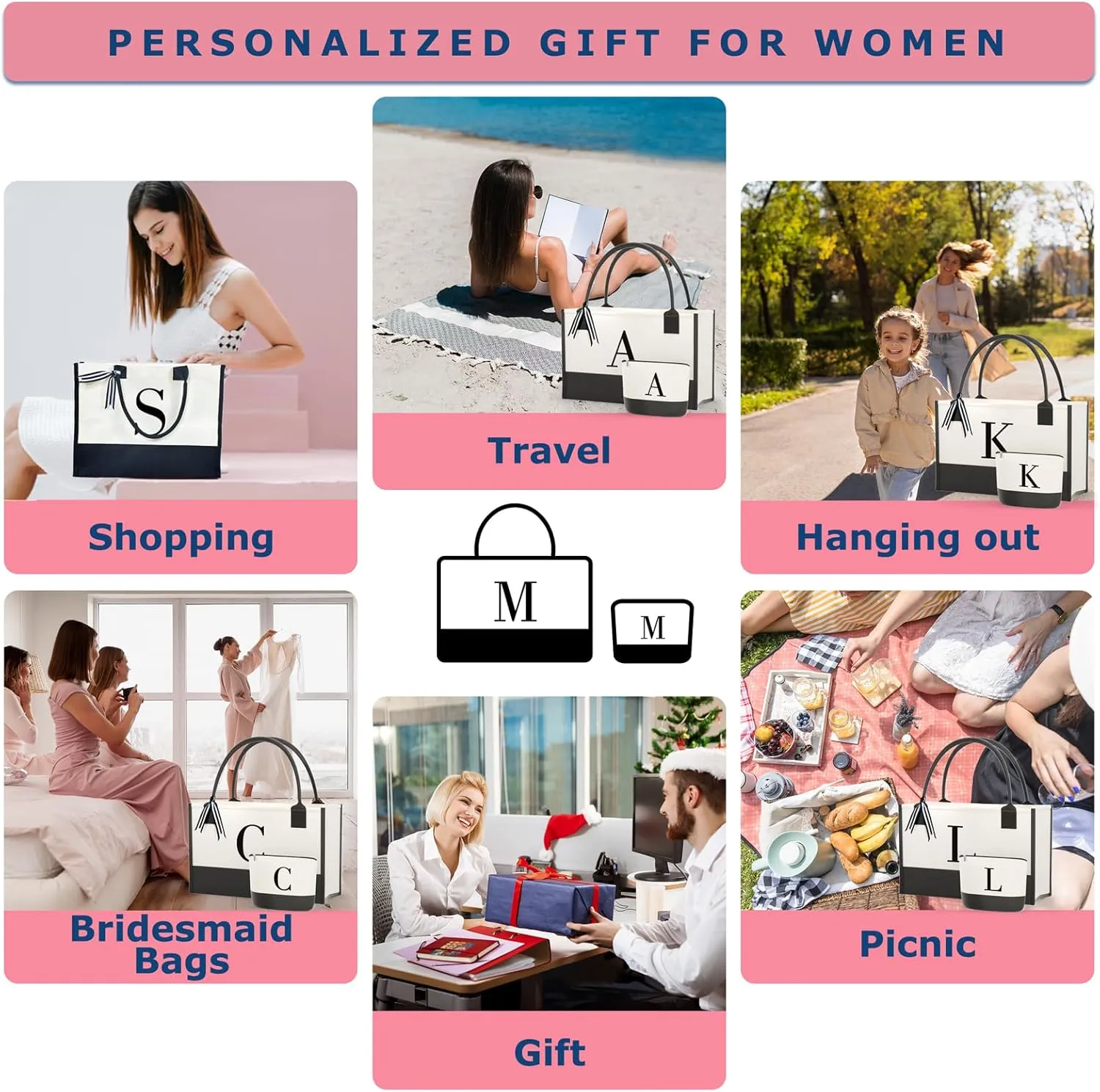 Personalized Canvas Tote Bag, Monogrammed Gift with Zipper Pockets for Women