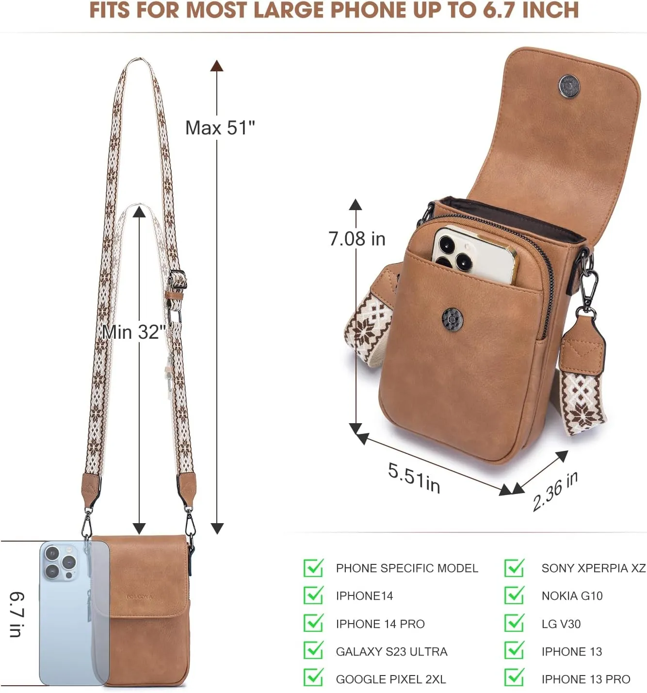 POIUGOYA Small Crossbody Bags for Women Trendy,Leather Triple Compartment Cell Phone Crossbody Wallet Purses with Card Slots