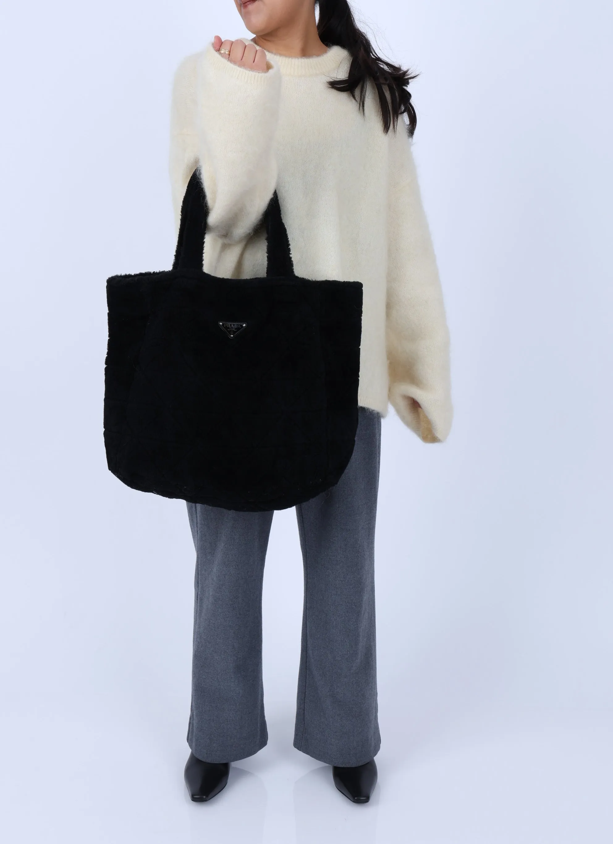 Prada Faux Shearling Tote Bag w/ Pouch